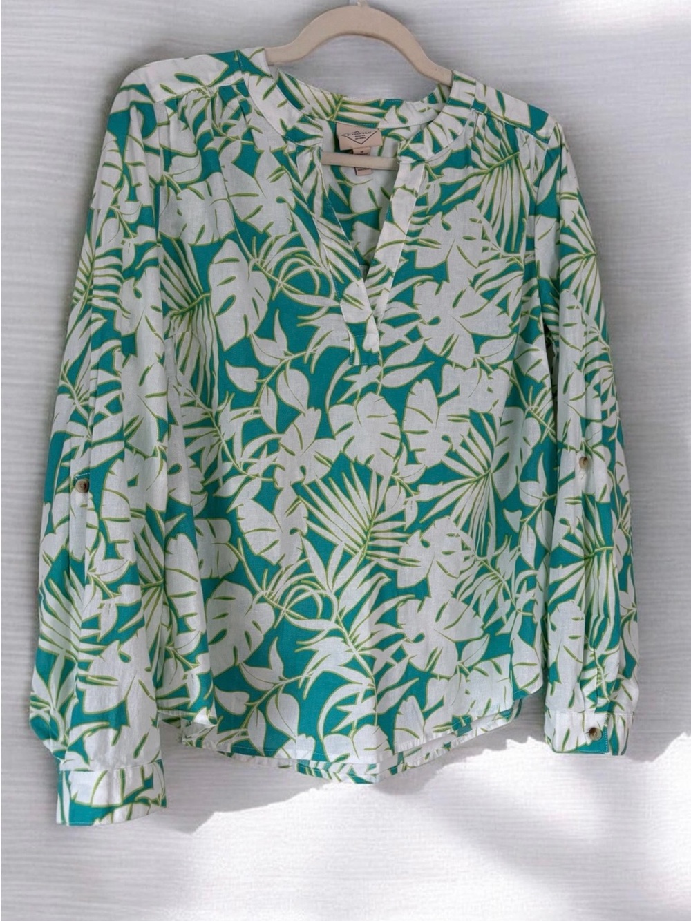 NWT St. John's Bay Teal, White & Lime Tropical Print Blouse Size Medium